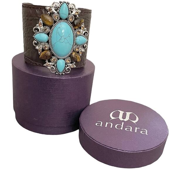 Andara Medallion Leather Cuff Bracelet Asian Turquoise and Tiger Eye MSRP $150 - Picture 2 of 3